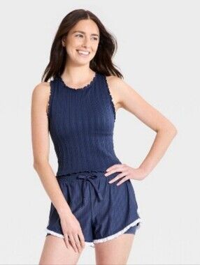 Women's Textured Ribbed Seamless Support Tank Top - JoyLab Dark Blue L